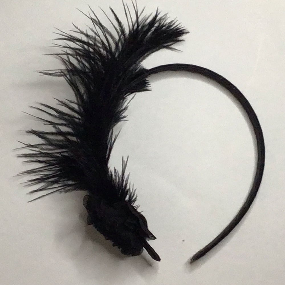 ## Glamorous Black Feather Headband with Embroidered Flower